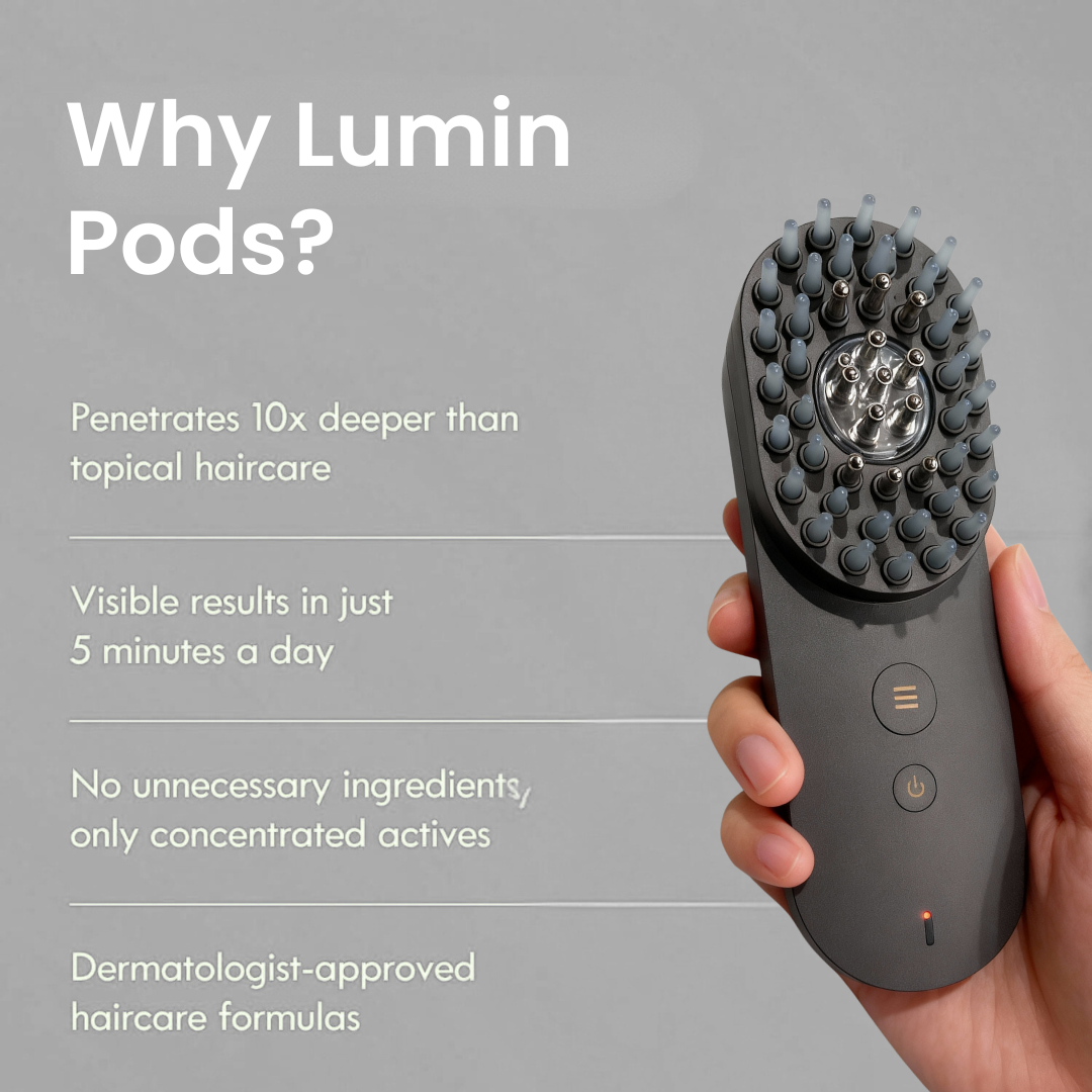 Hand holding a black device with text about Lumin Pods on a gray background