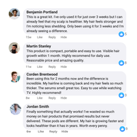Reviews of a hair care product on a platform with user avatars and text.