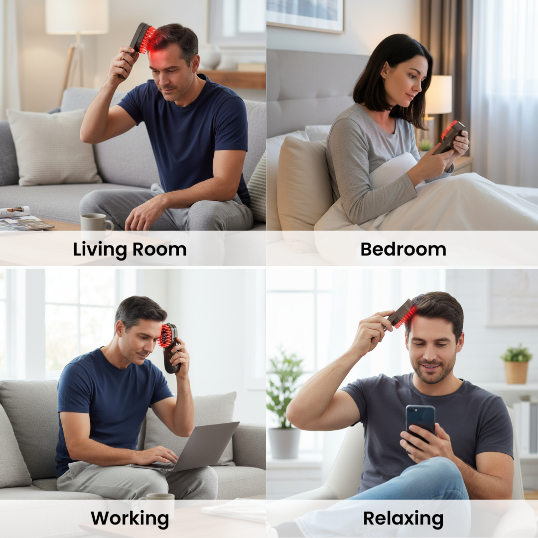 Collage of a man using a hairbrush in different settings: living room, bedroom, working, and relaxing.
